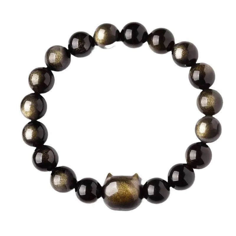 Obsidian cat head bracelet with round stone beads in gold or silver style