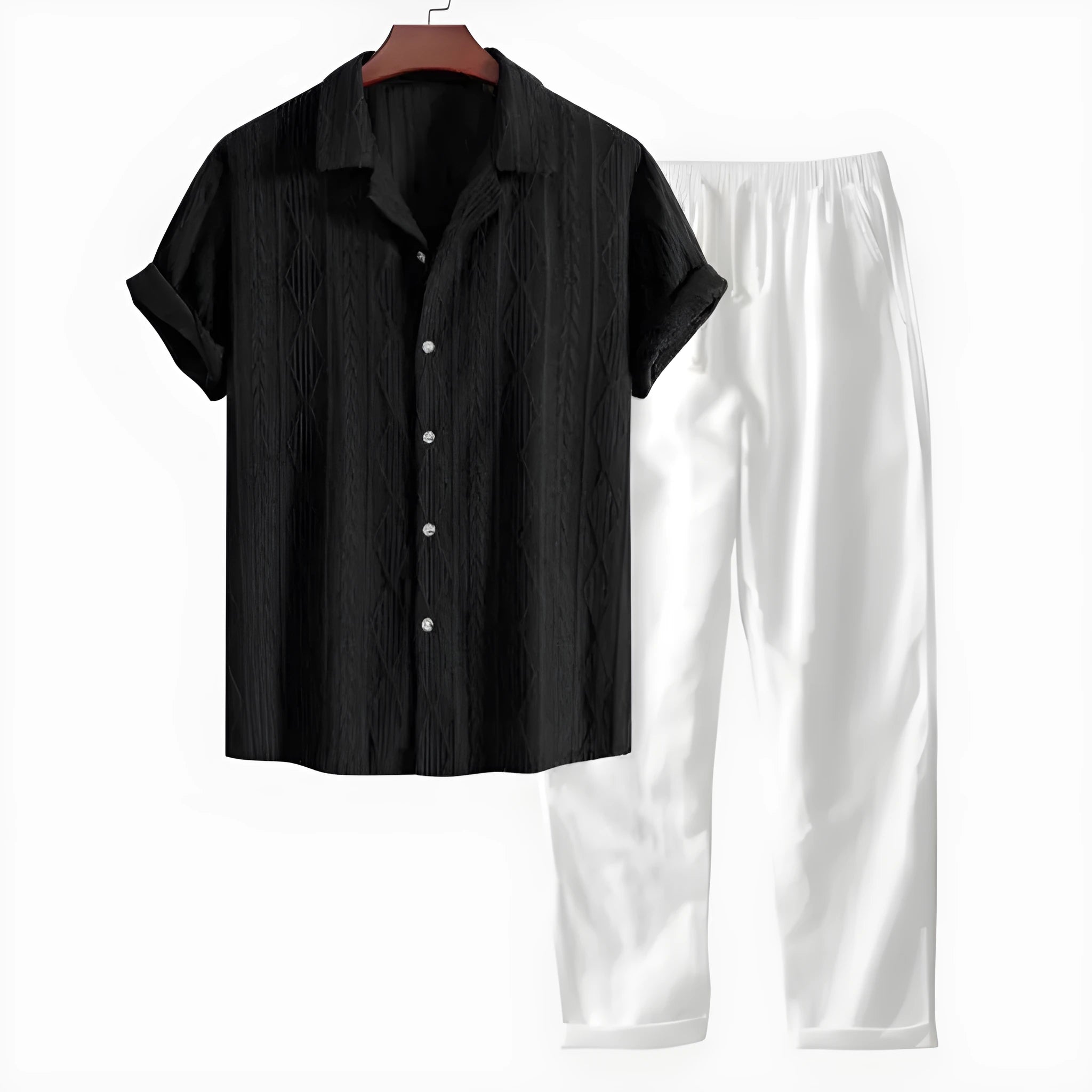 Slim-fit linen-polyester casual suit with camouflage print, showing short-sleeved cardigan shirt and matching trousers.