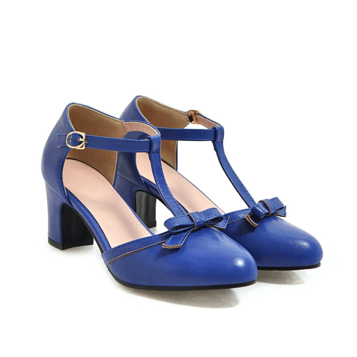 Women's apricot chunky heel sandals with a buckle strap and bow detail on a hollow-out PU upper.