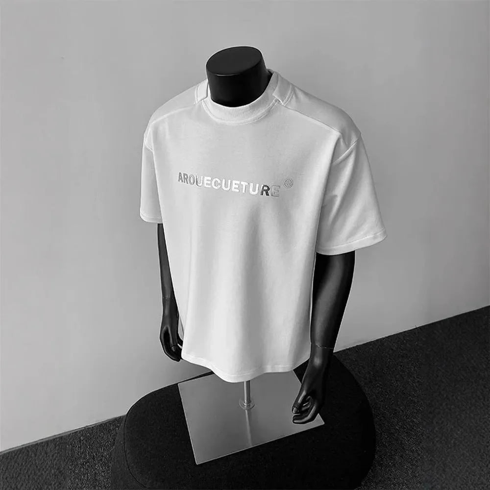 Men's white cotton short sleeve t-shirt with black printed letters, loose fit pullover style