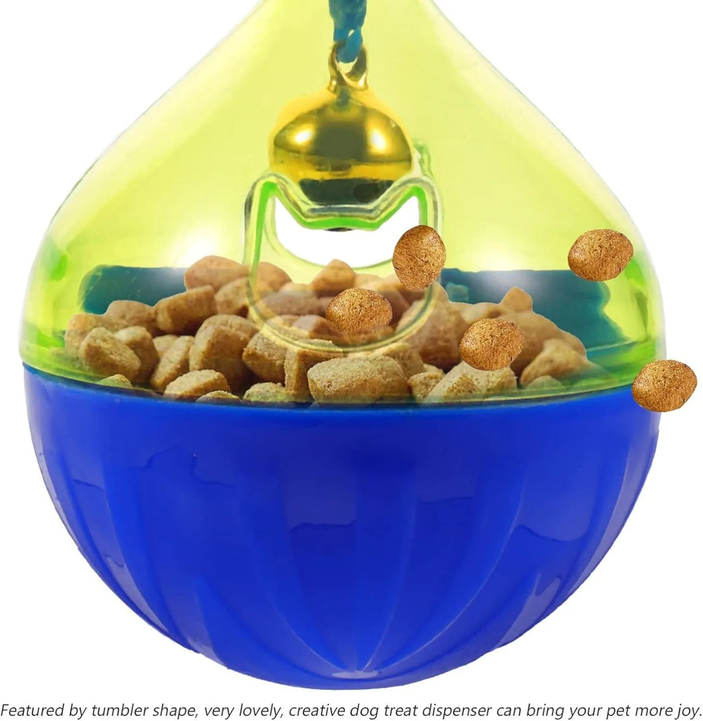 Blue and green tumbler-shaped interactive treat dispenser toy for dogs and cats on a wooden floor.