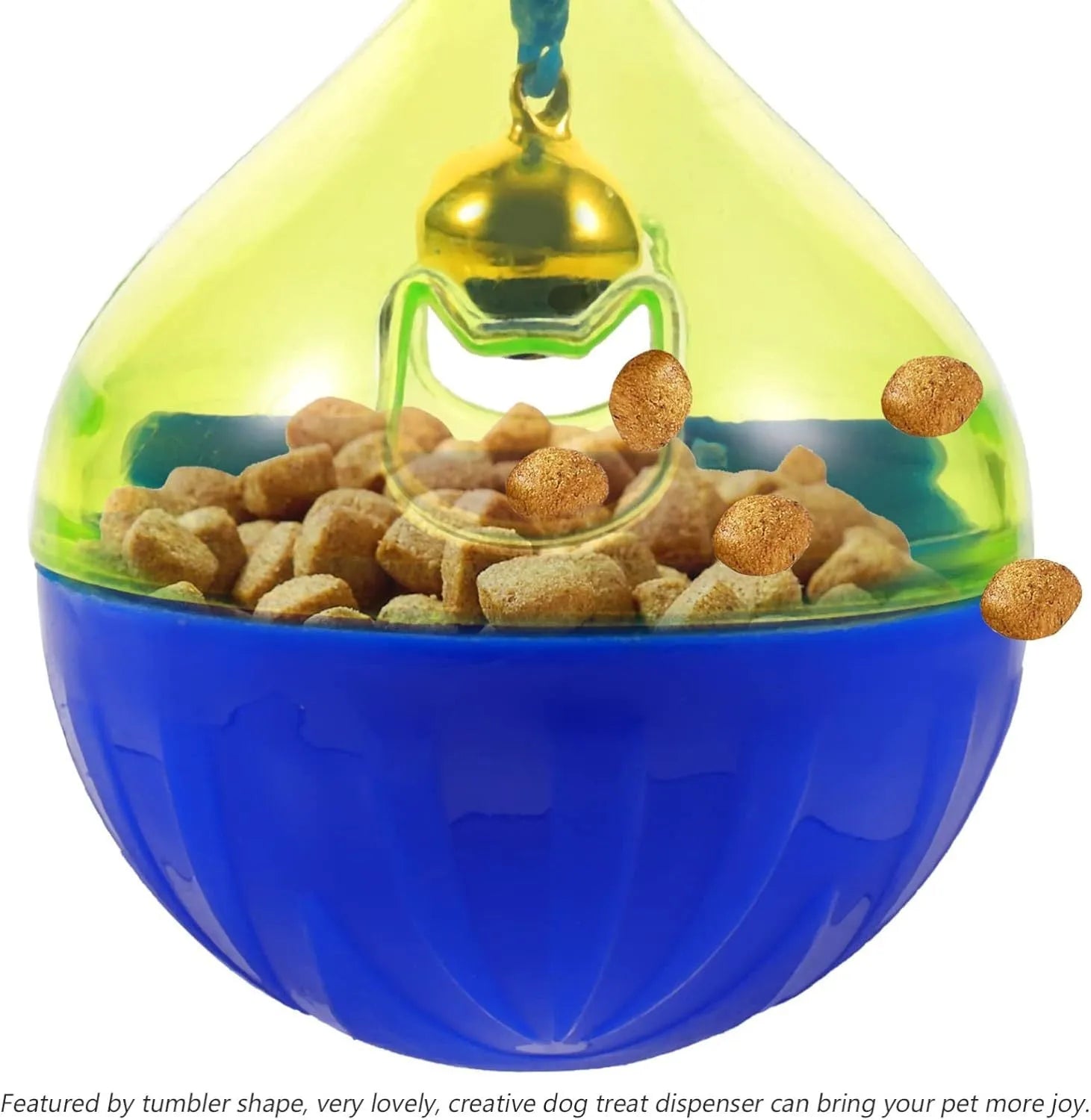 Blue and green tumbler-shaped interactive treat dispenser toy for dogs and cats on a wooden floor.