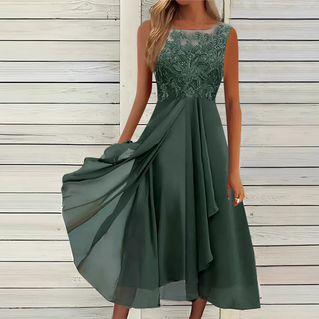 Women's sleeveless chiffon dress with lace hollow-out stitching in blue, green, or purple.