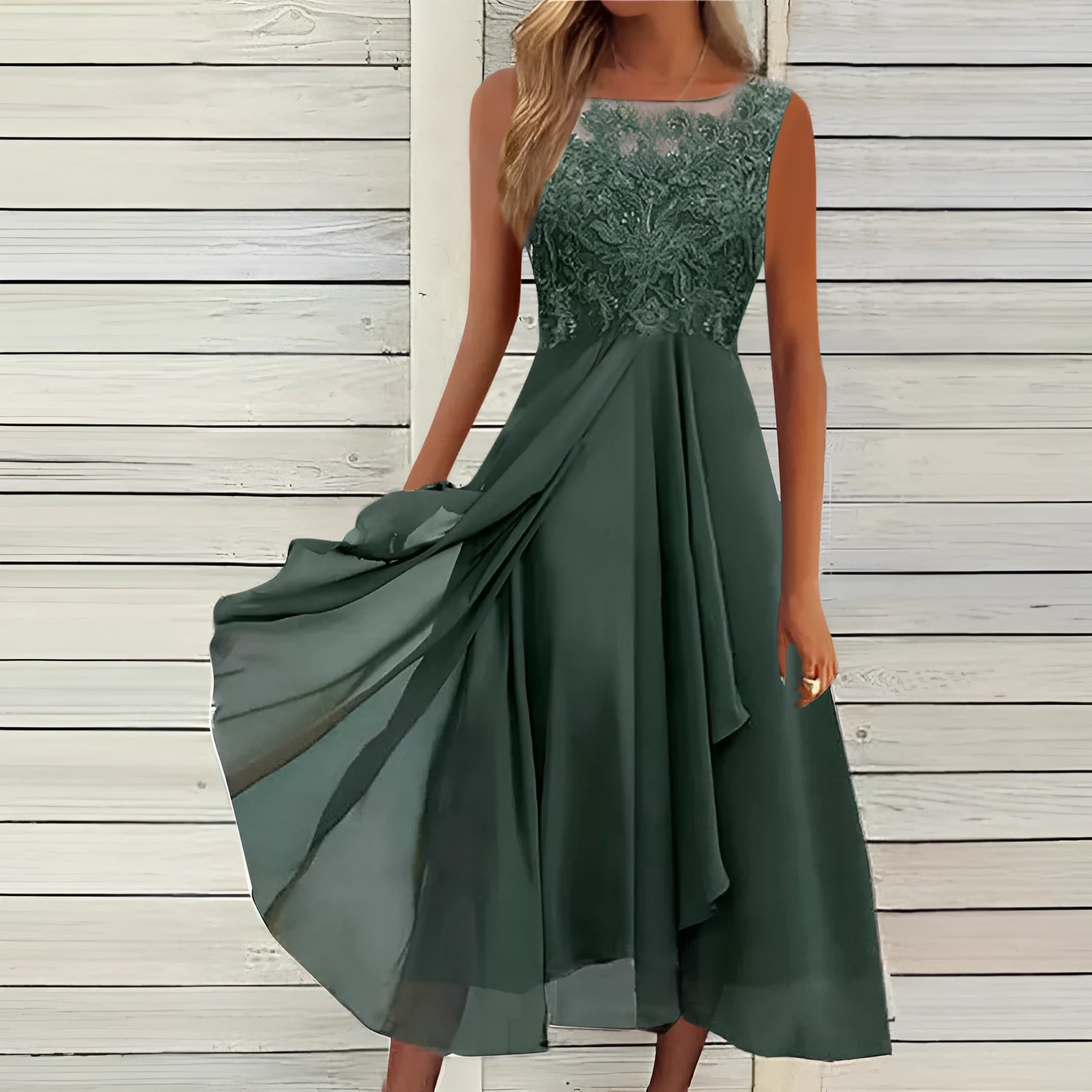 Women's sleeveless chiffon dress with lace hollow-out stitching in blue, green, or purple.