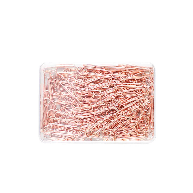 Rose gold heart-shaped metal paper clips measuring 28mm with steel core construction