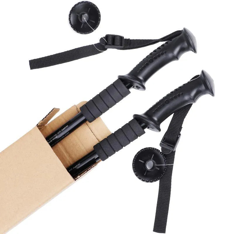 Aluminium telescopic trekking poles with multiple tip accessories in black, blue, silver, or red.
