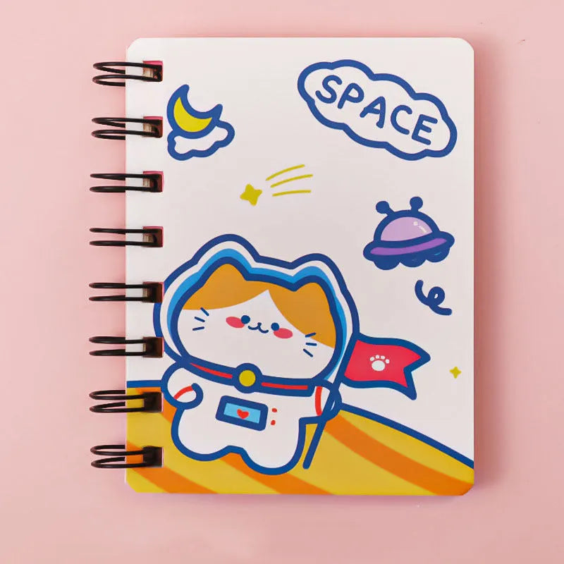 Astronaut-themed flip notebook in pocket size 10.5 by 8 cm with space cat cover design.