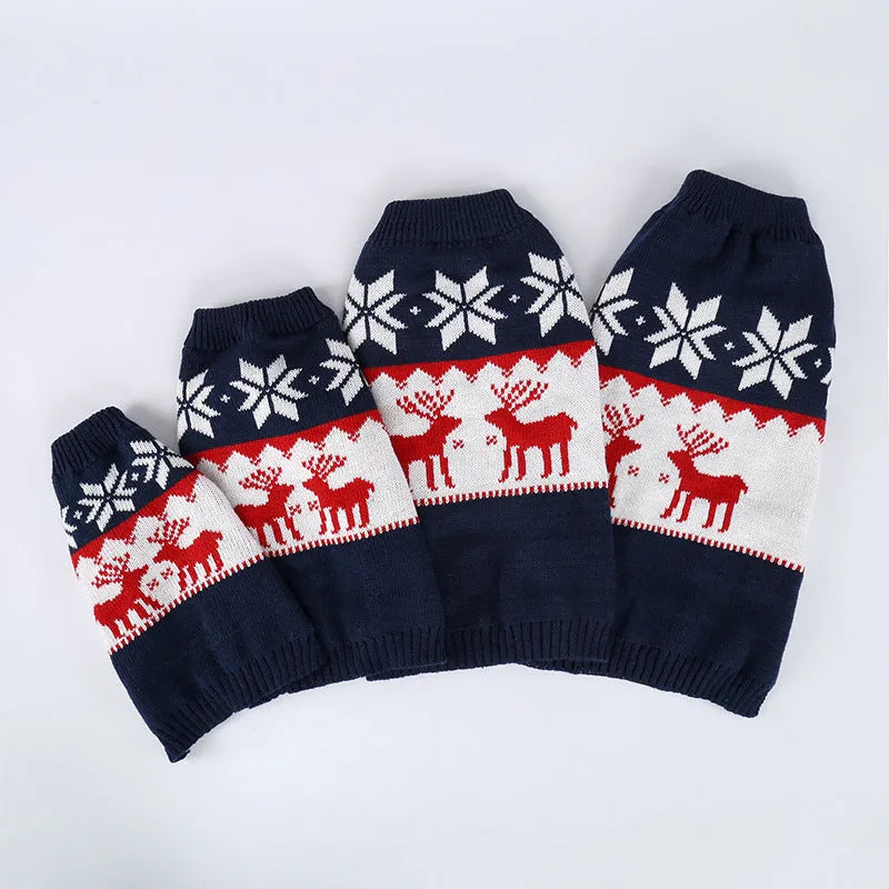Navy blue knitted Christmas sweater for dogs on small to medium sized pet
