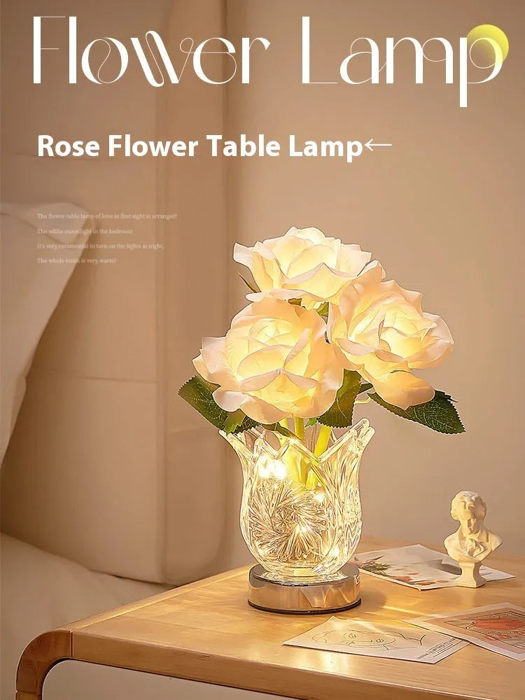 Crystal flowers decorative table lamp with touch controls and rechargeable battery for cordless placement
