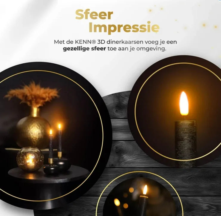 Four black LED taper candles with realistic 3D flame effect, battery operated decorative lighting