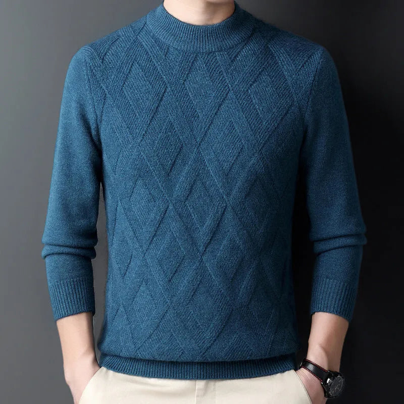 Men's diamond jacquard knit winter sweater in wool blend, shown in light camel colour