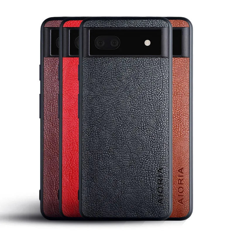 Black PU lychee skin texture phone case for Google Pixel 6, showing all-inclusive glass design.