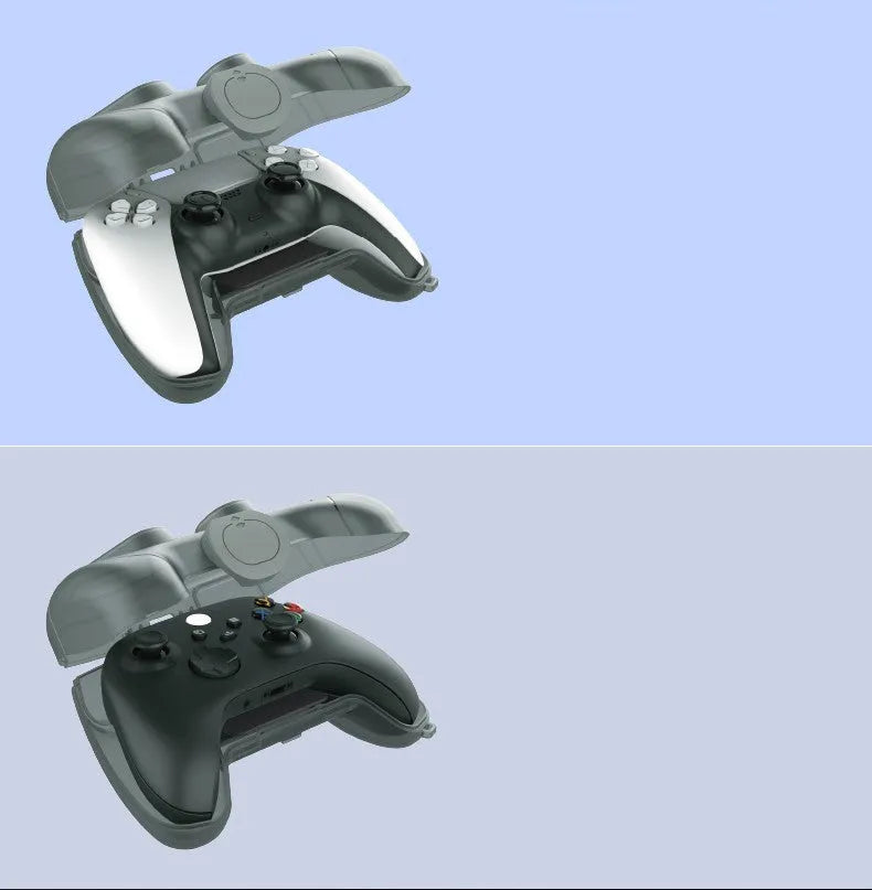 Transparent grey hard plastic game controller storage case with clip closure