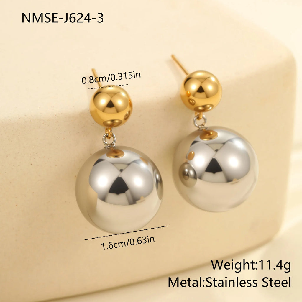 Gold-plated round bead colour-block ear studs with geometric design on stainless steel