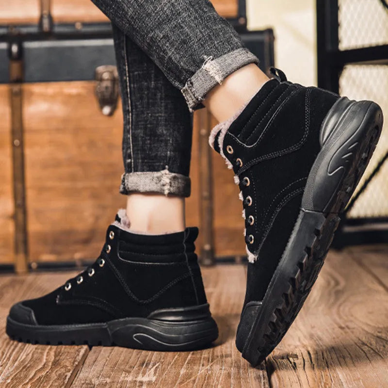 Men's winter warm plush ankle boots with suede upper, rubber sole, round toe, and front tie closure, available in multiple colours