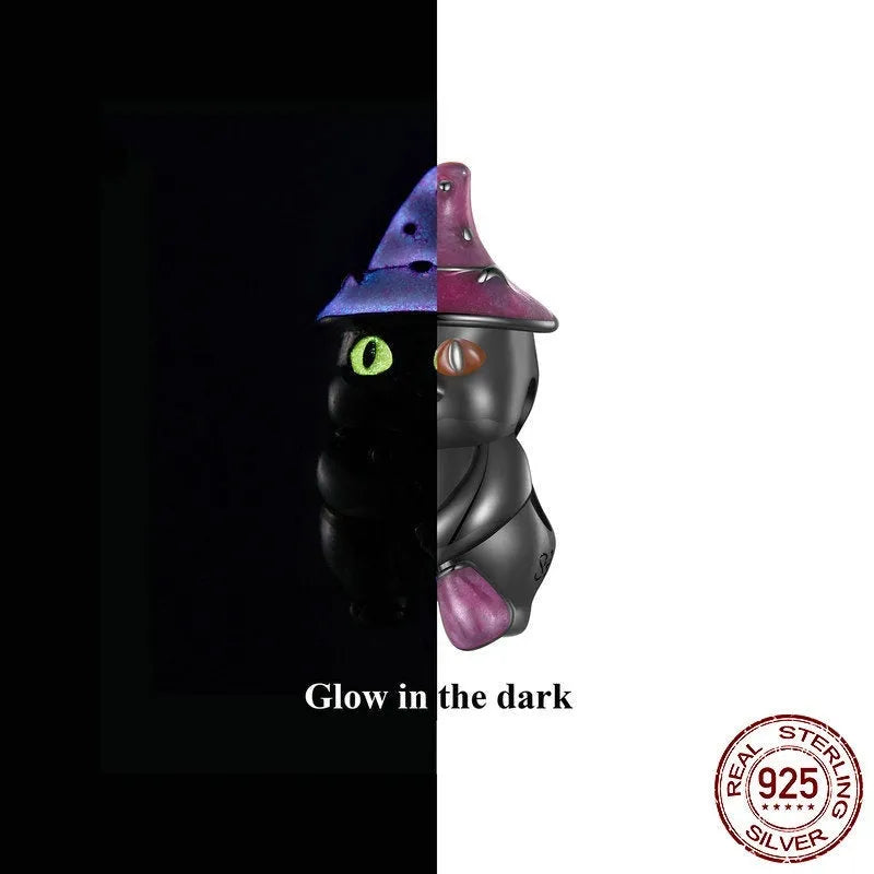 Halloween black cat bead in S925 sterling silver, 15x8mm with 4.5mm aperture, electroplated finish