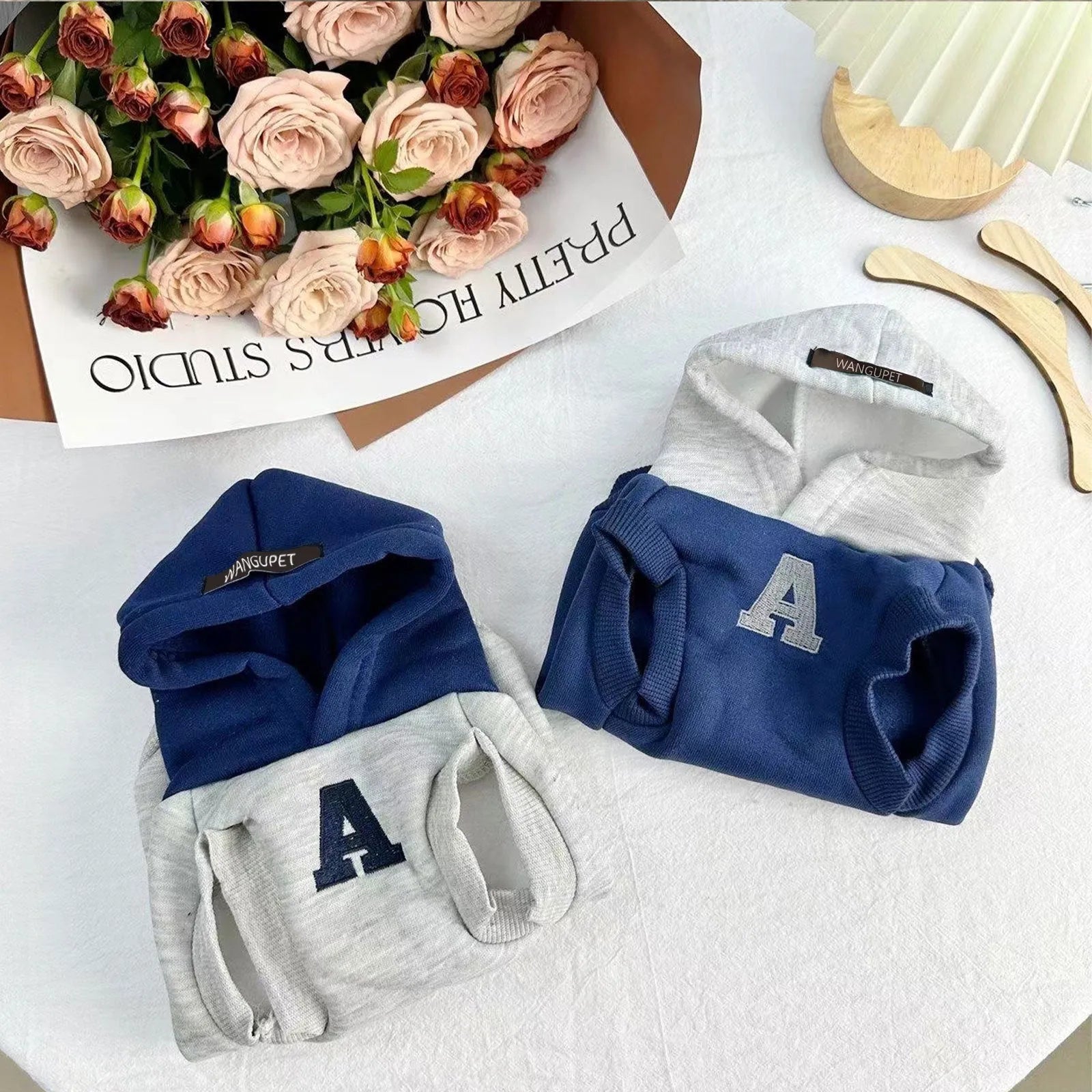 Blue and grey white pet hoodie with reflective letters for cats and dogs in slim-fitting casual style