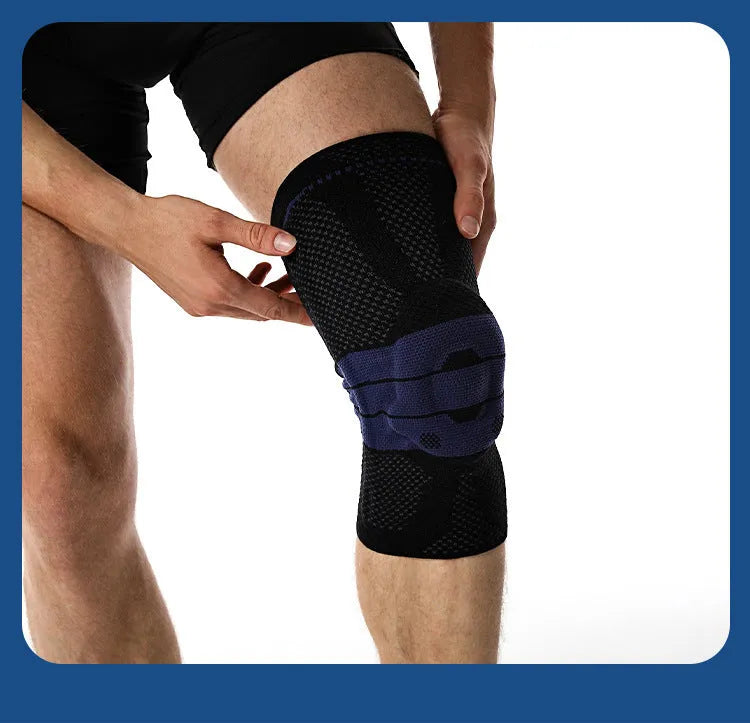 Adult sports knee pad in black and blue colour, made from nylon and spandex material.