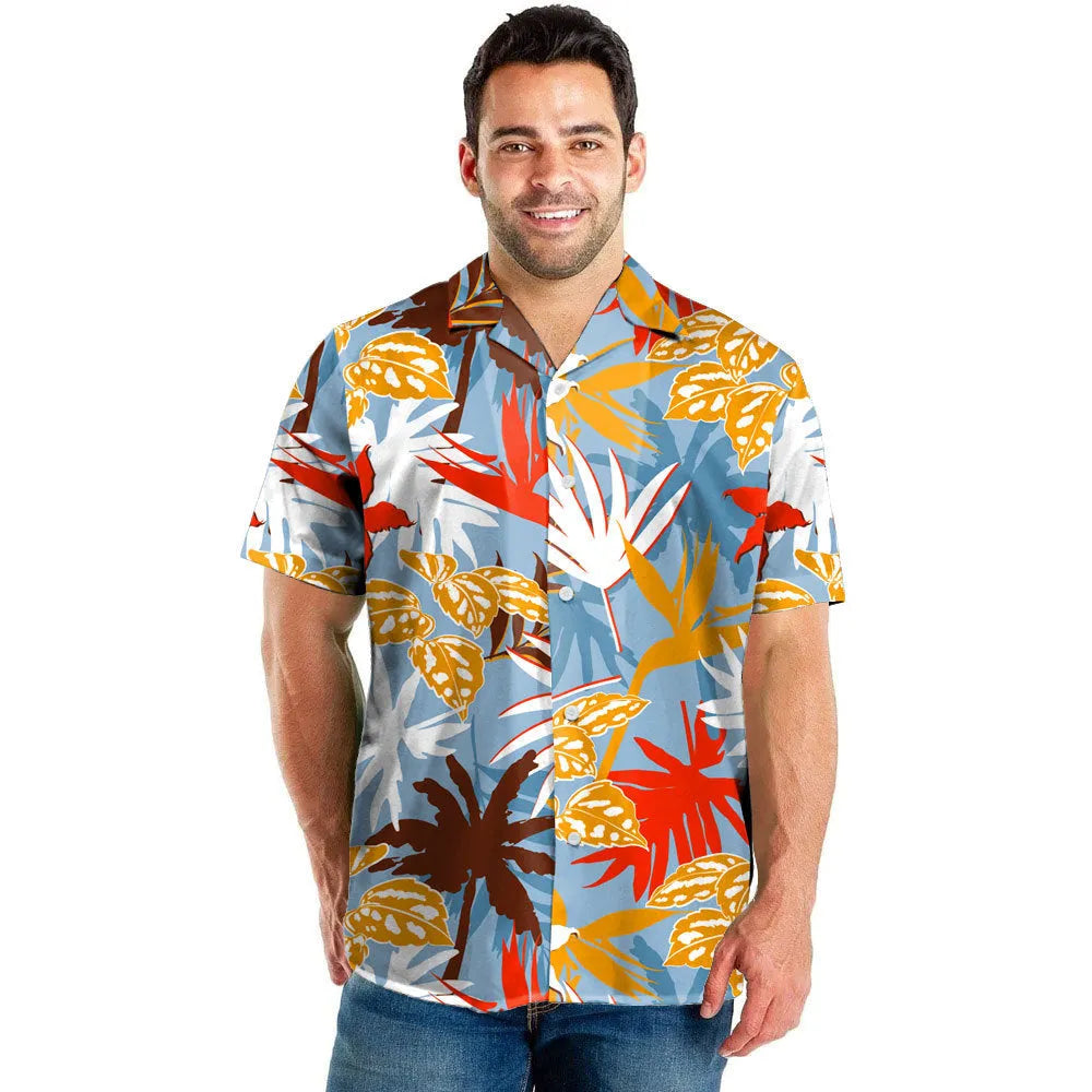 Men's beach digital printed shorts and shirt set with inner mesh lining, cotton blend fabric, short sleeves, two colour options