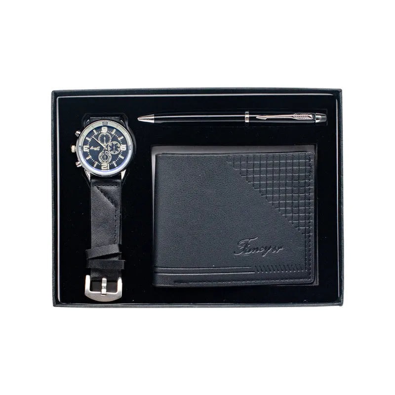Creative holiday gift set showing wallet, pen, and watch in a brown and black modern gift box.