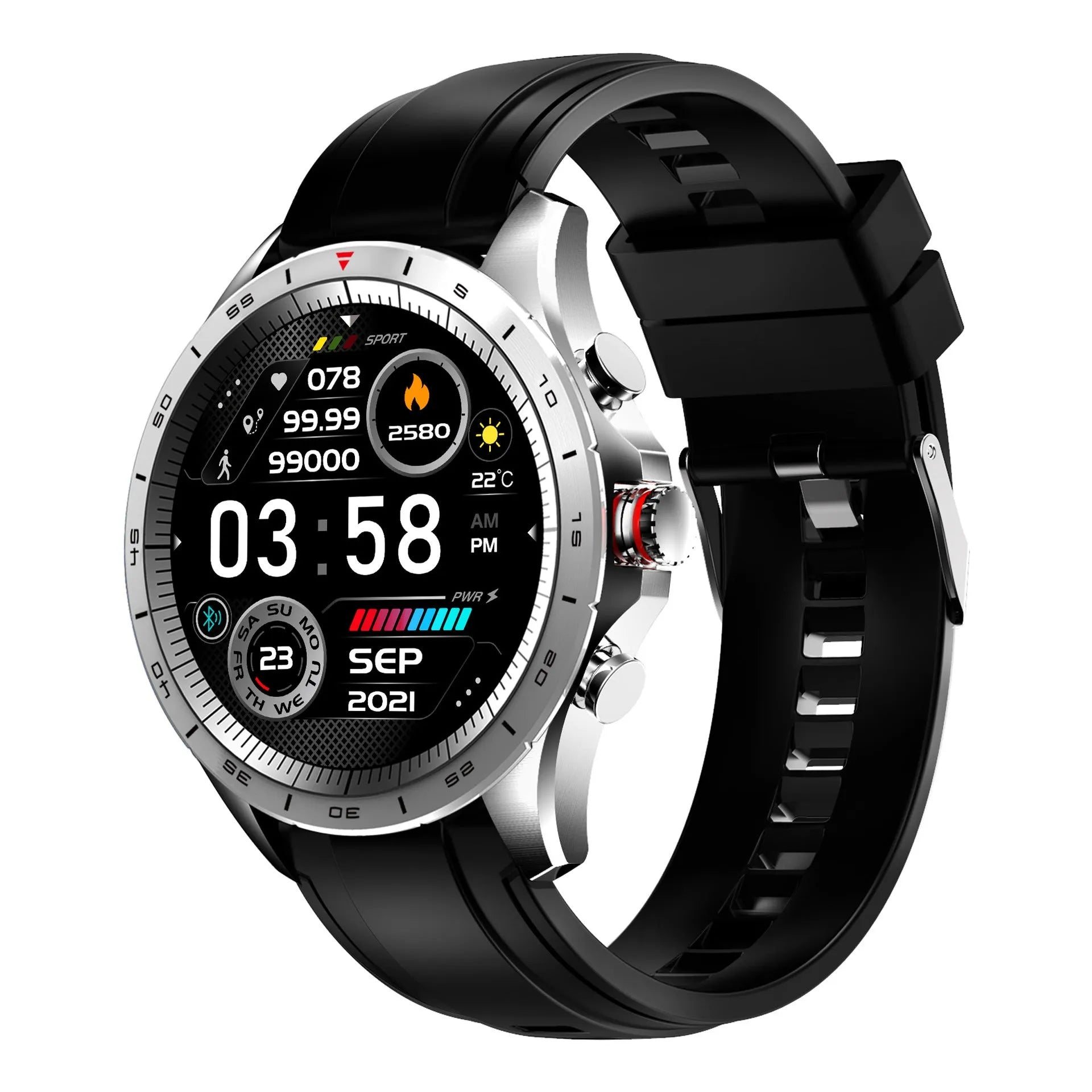 Men's smart bracelet watch with zinc alloy screen and silicone band in black, blue, or grey