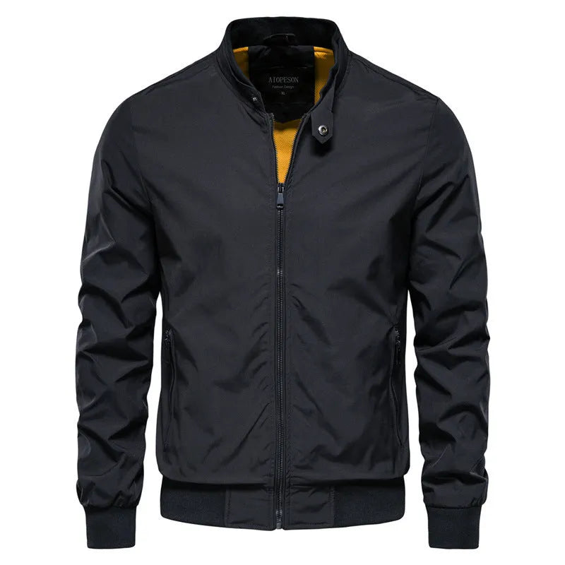 Men's casual thin polyester jacket in dark blue, black or army green colours with solid pattern design