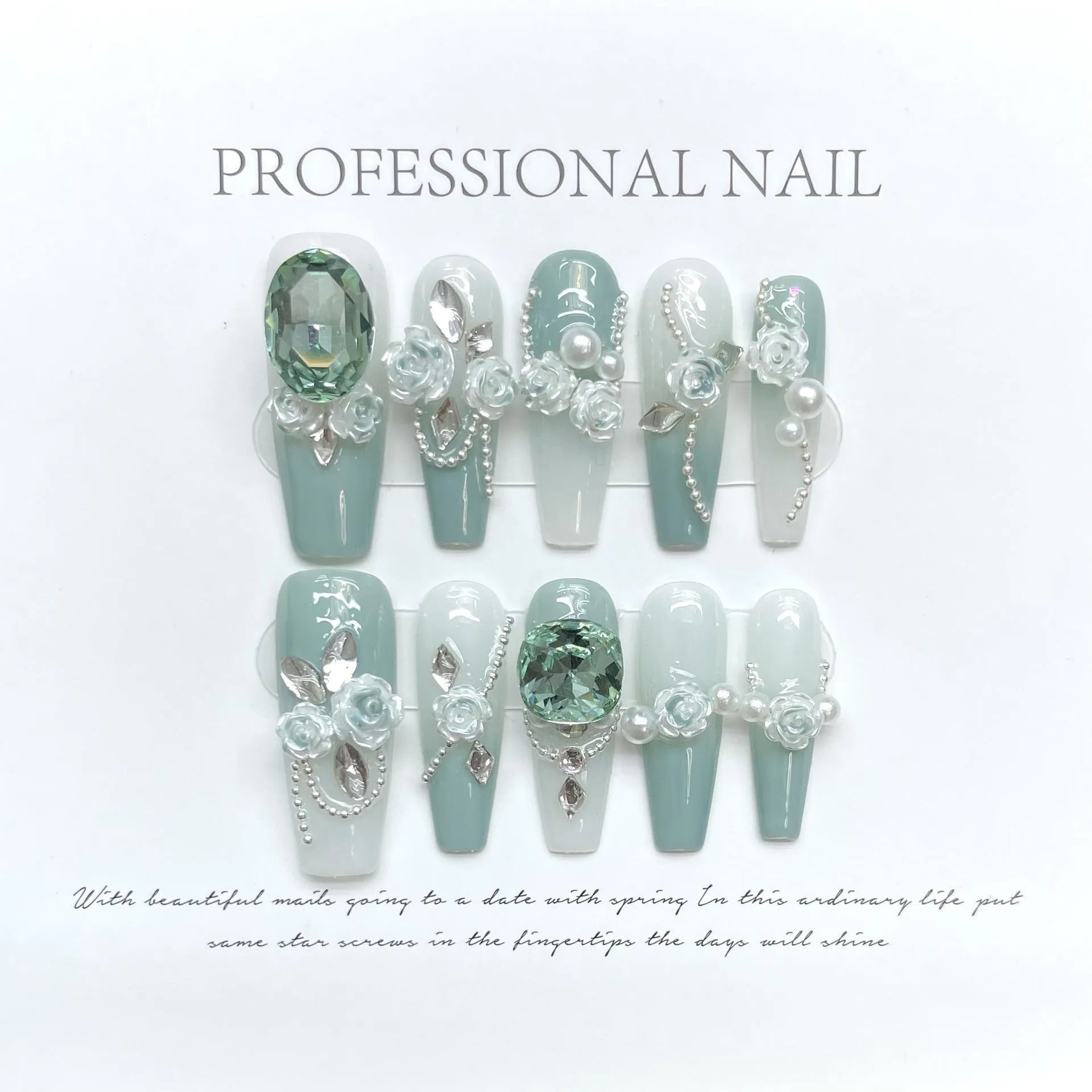Green armour coloured full nail set with Camellia flower gradient chain, bow, and butterfly designs.