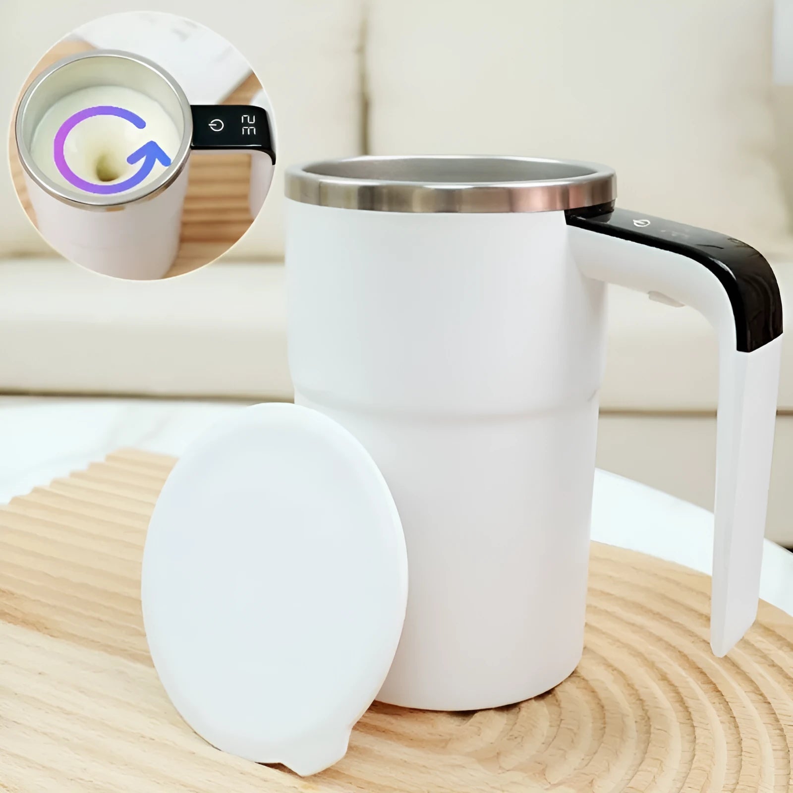 White automatic electric stirring cup with LCD screen and USB charging cable.