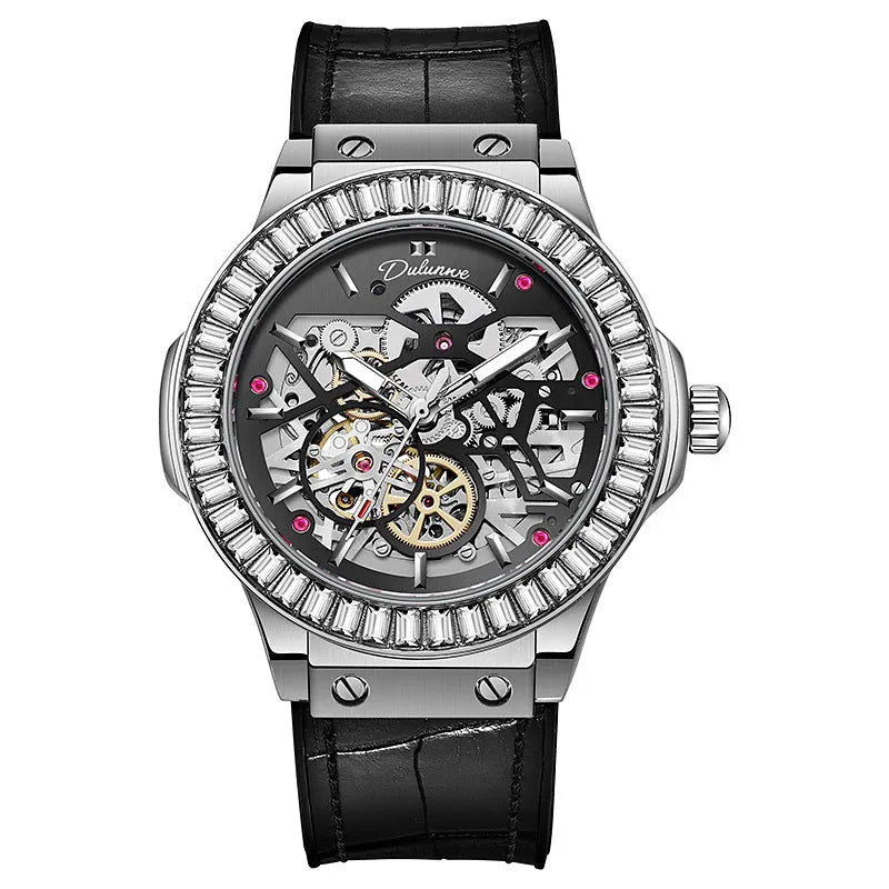 Men's automatic skeleton watch with diamond accents on dial, stainless steel case, leather strap.