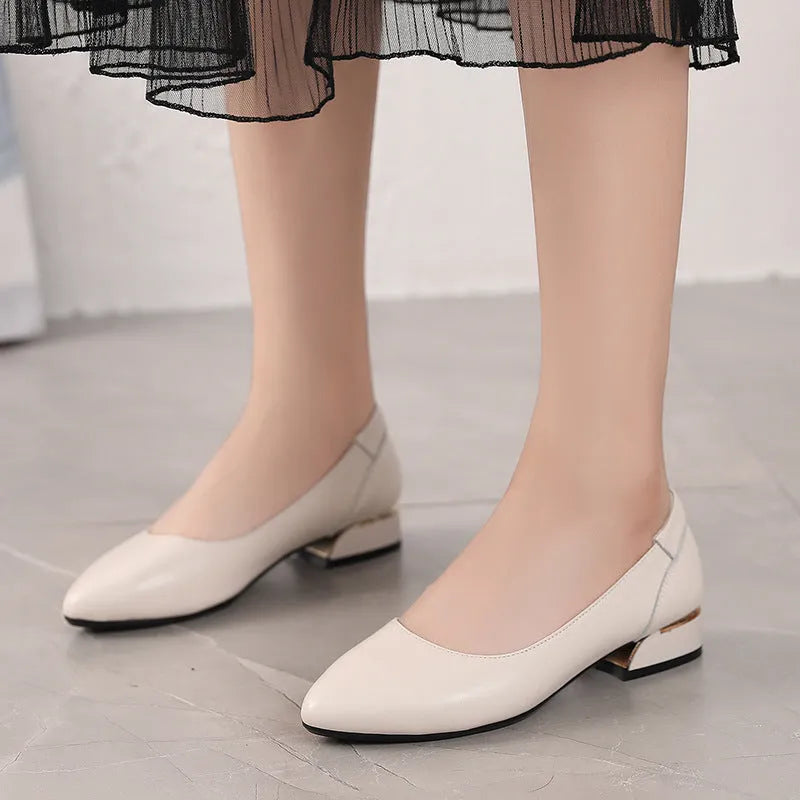 Women's beige cowhide flat pointed shoes with buckle fastening and rubber sole