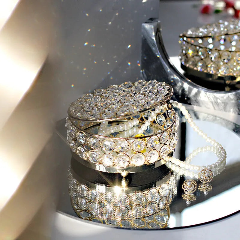 European-style French gold iron jewellery storage box with a transparent crystal glass lid.