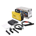 MMA-200MIN 220V portable DC inverter welding machine with welding tongs, clamp, and face shield.