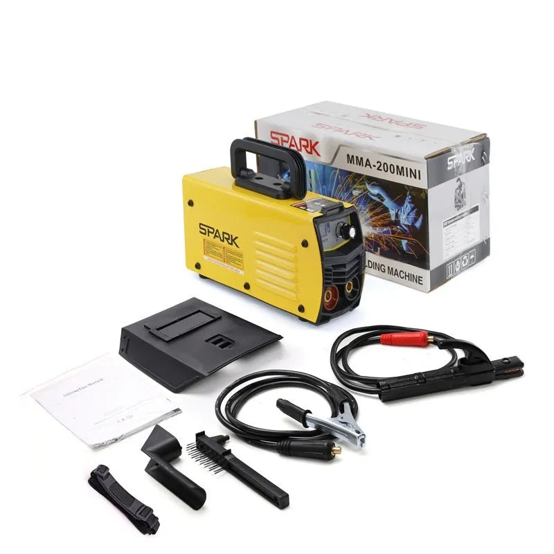 MMA-200MIN 220V portable DC inverter welding machine with welding tongs, clamp, and face shield.
