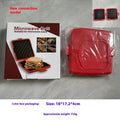 Red silicone baking tray with integrated handles and matching oven gloves