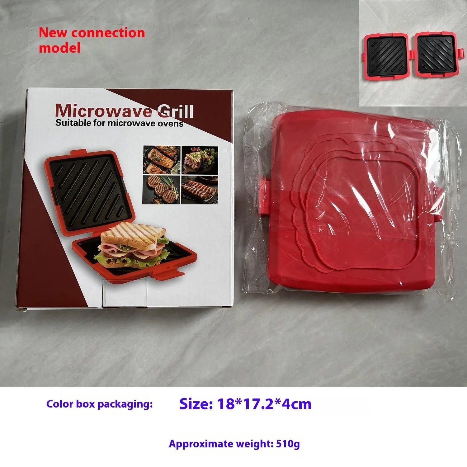 Red silicone baking tray with integrated handles and matching oven gloves