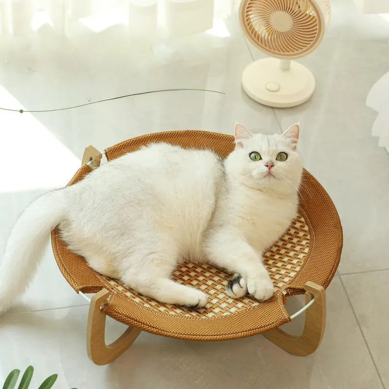 Brown woven rattan pet hammock bed elevated 17.5cm for cats and small dogs