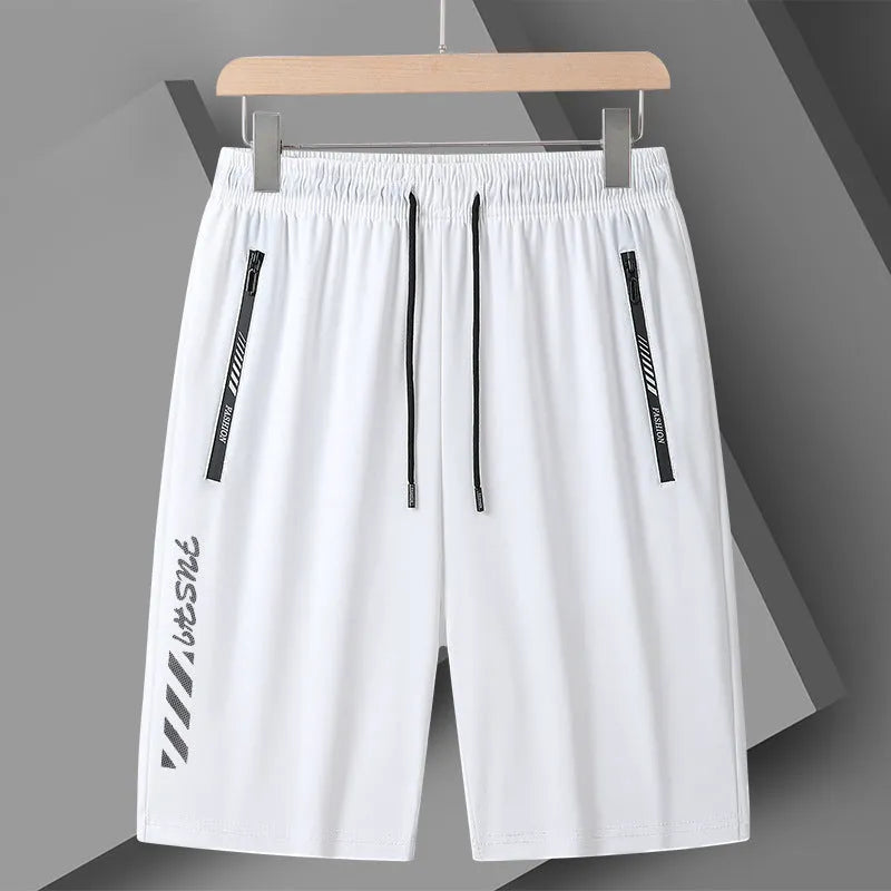Men's black loose-fit quick-dry nylon sports shorts with elastic waistband.