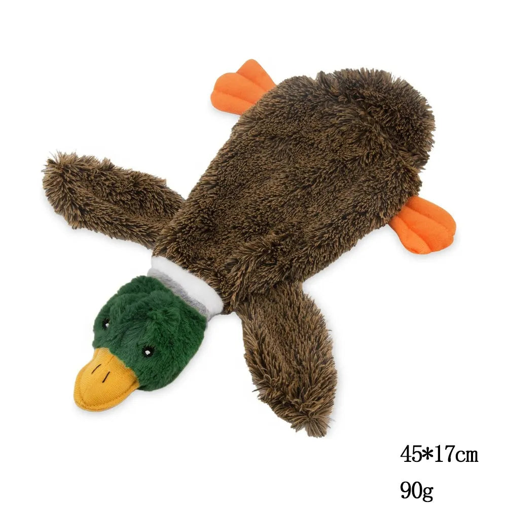 Green soft plush wild duck dog toy with no stuffing and a bottom fastener.
