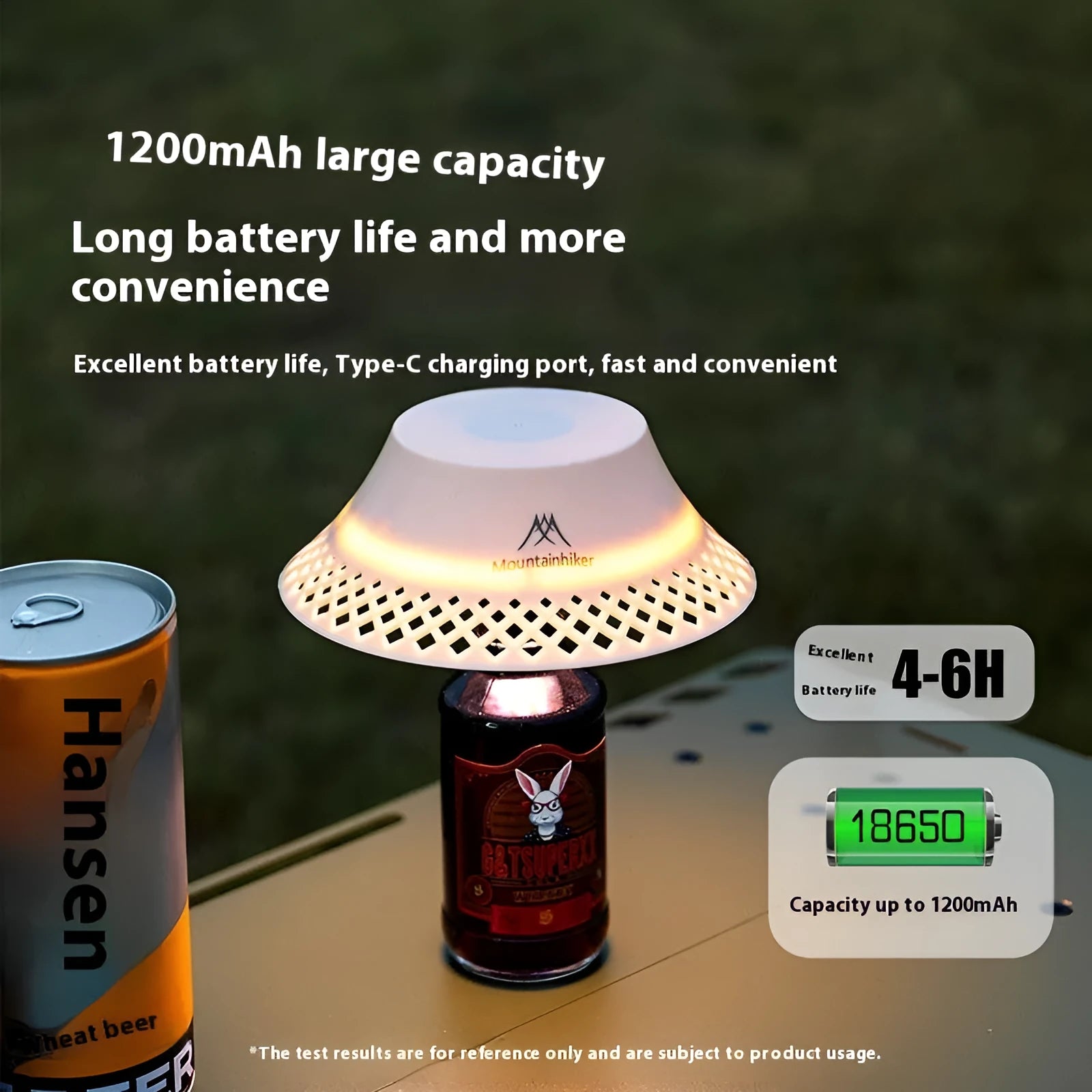 Beige rechargeable camping lantern with a wine bottle-shaped shade showing its USB-C port and gear switch.