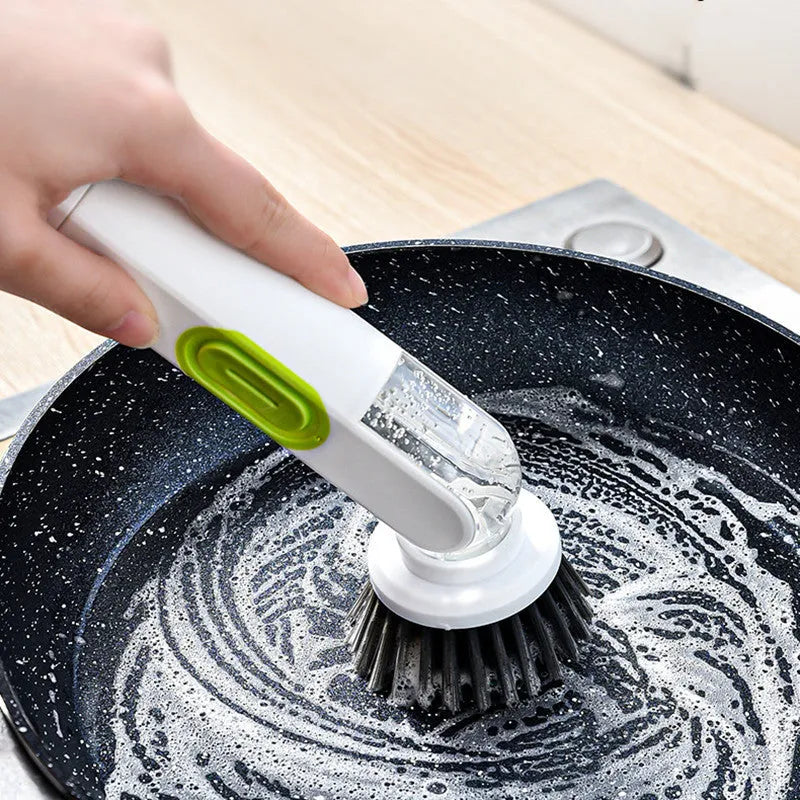 White and red long-handle kitchen brush with liquid dispenser button and two spare brush heads