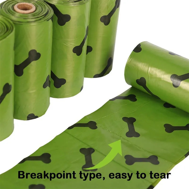 Army green degradable dog poop bags with black bone print, 23x33cm size