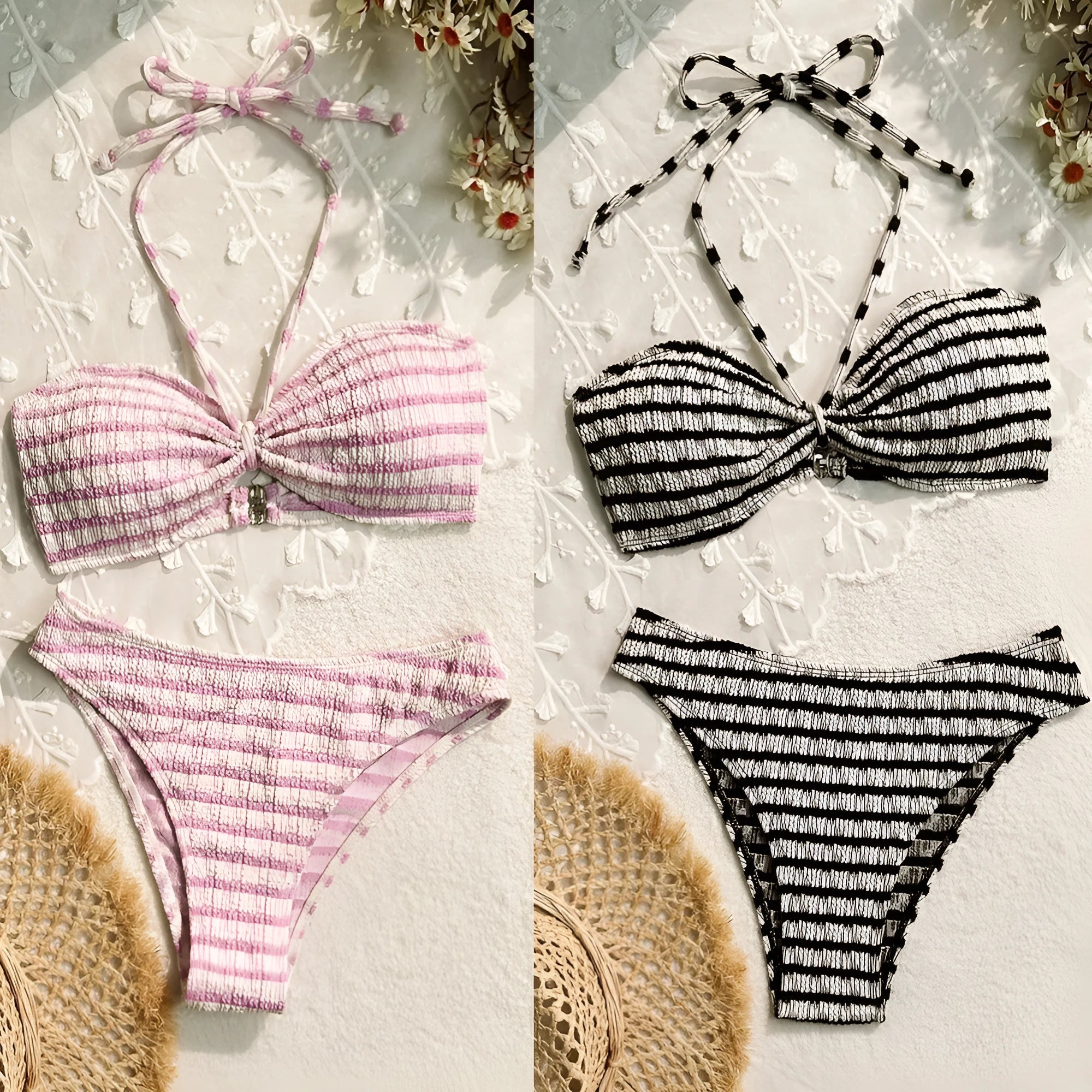 Women's pink and black striped printed bikini swimsuit on a hanger.