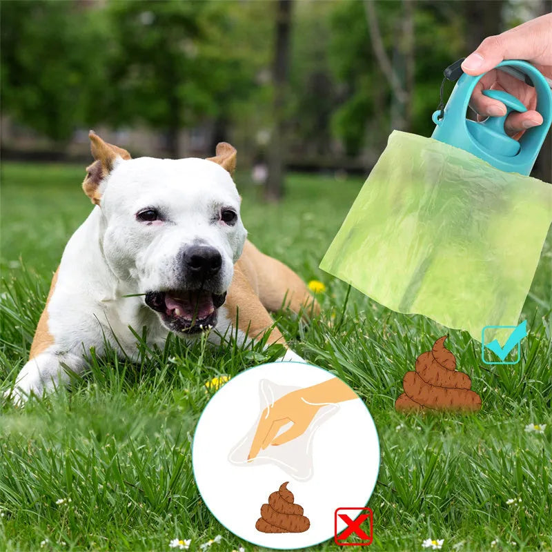 Blue portable dog poop scooper with built-in bag dispenser and eight-claw shovel mechanism