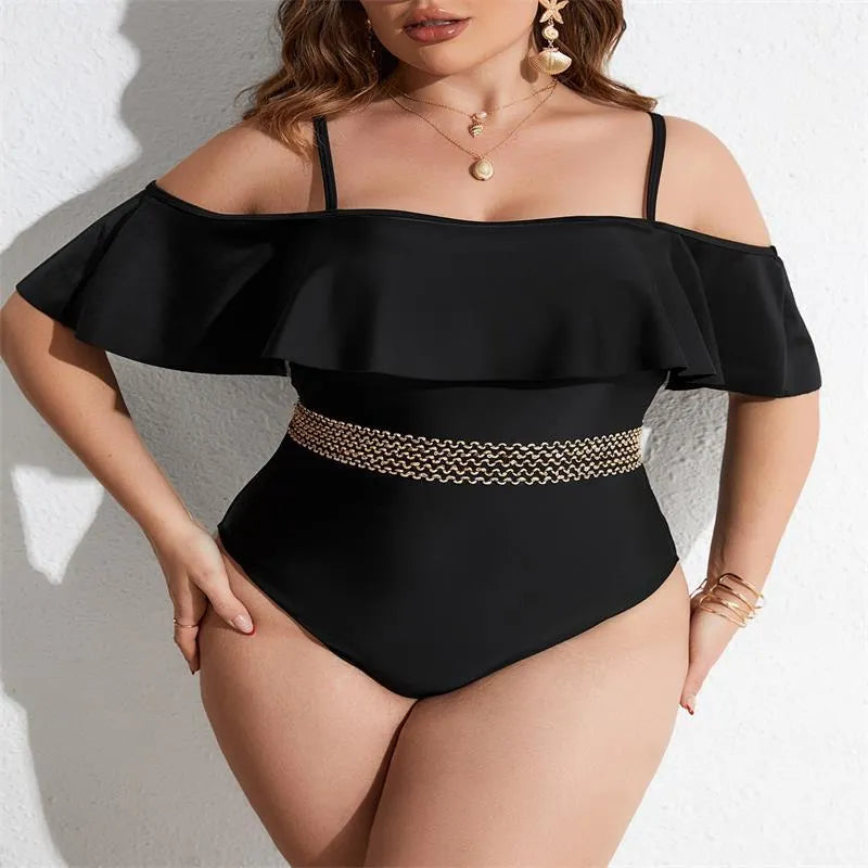 Black solid colour one-piece swimsuit for women in plus sizes on a mannequin.