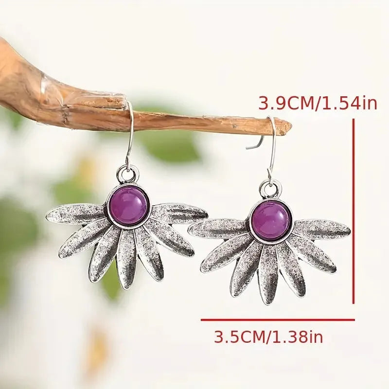 Purple resin bohemian flower earrings with animal zodiac design and alloy settings