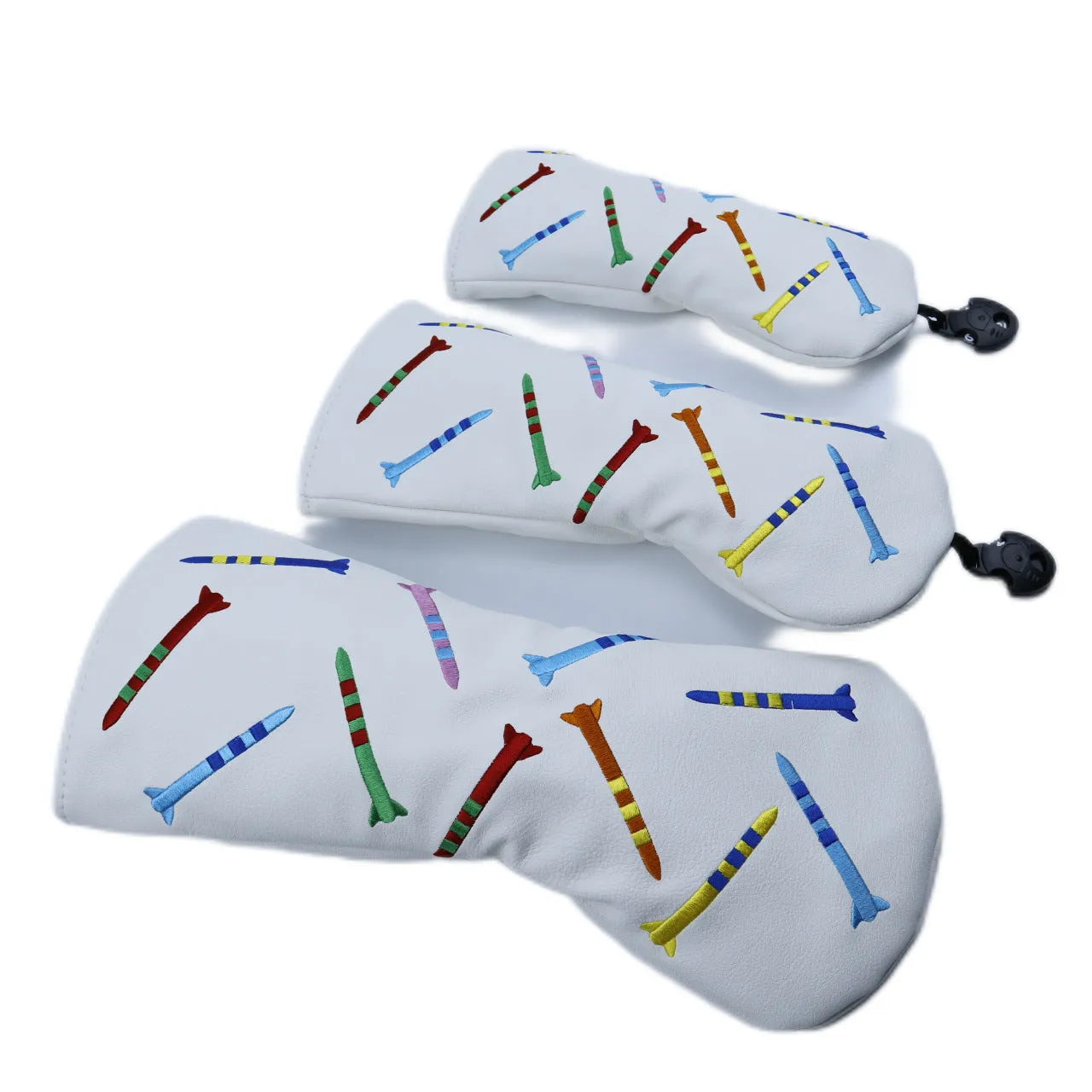 Golf club wooden pole sets in black and white colours showing large, medium, and small size options