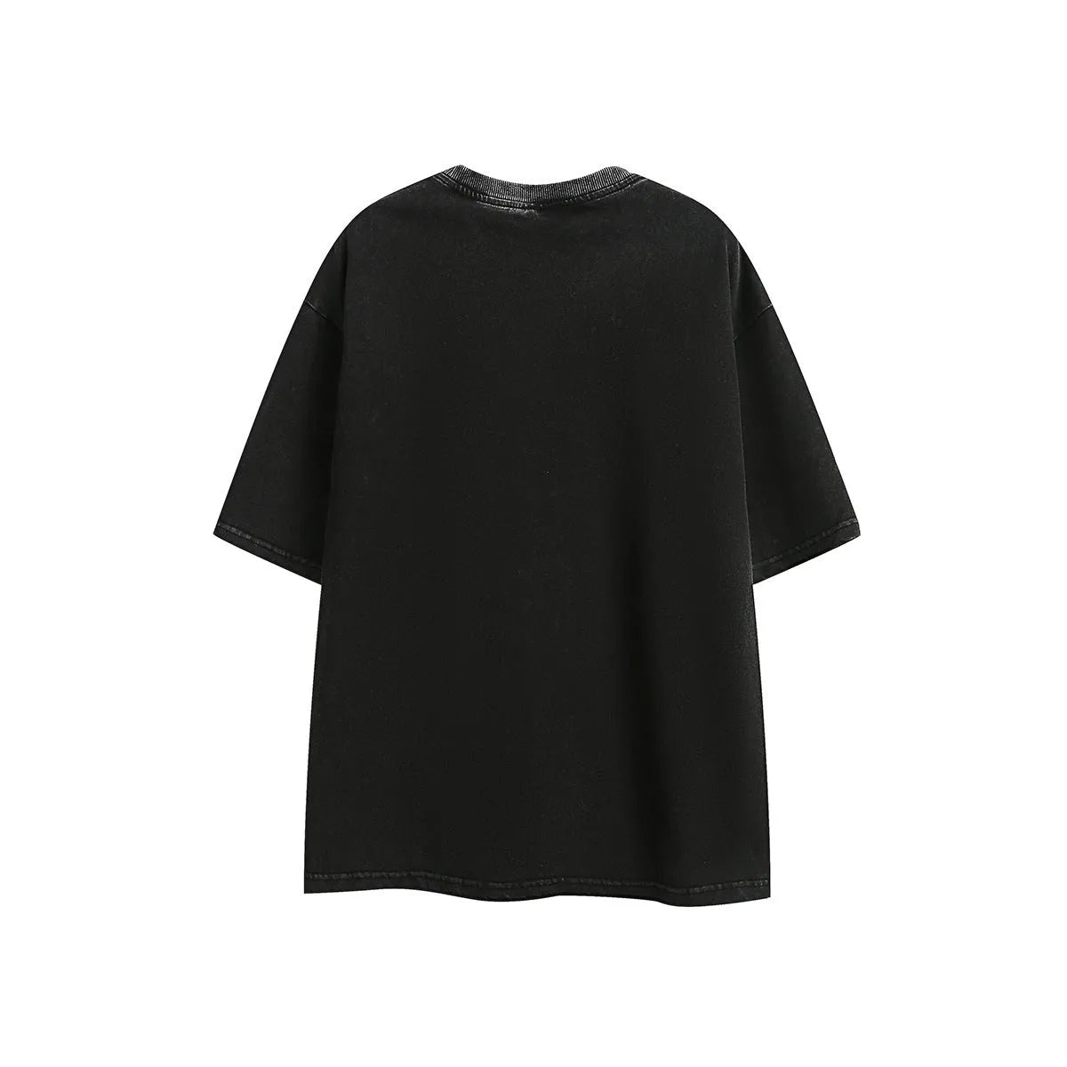 Man's loose fit black retro washed cotton short-sleeved t-shirt on a hanger.