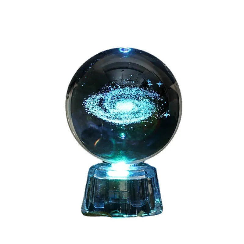 Transparent luminous crystal ball ornament with inner carvings on fixed base for desktop decoration