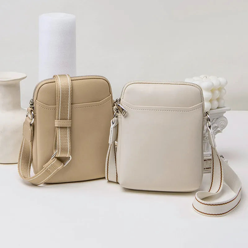 Small solid colour crossbody shoulder bag for women in beige, shown with dimensions.