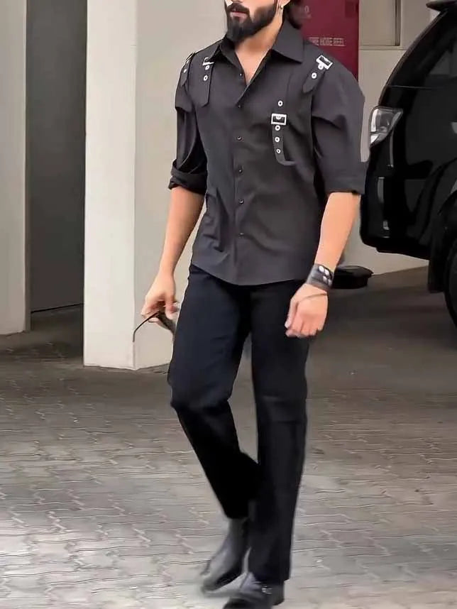 Men's black regular fit button-up shirt with classic styling